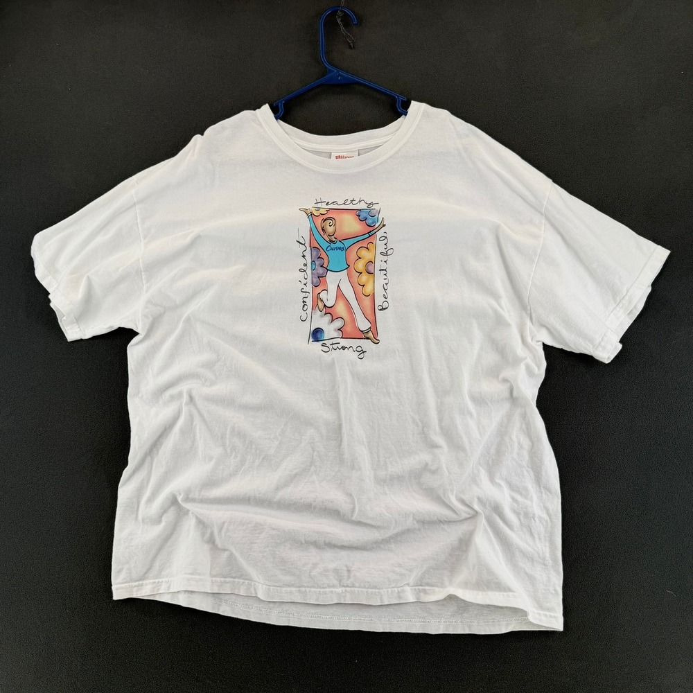 Vtg Y2K Curves Fitness T Shirt Womens 2XL White Hanes Heavyweight Graphic Promo